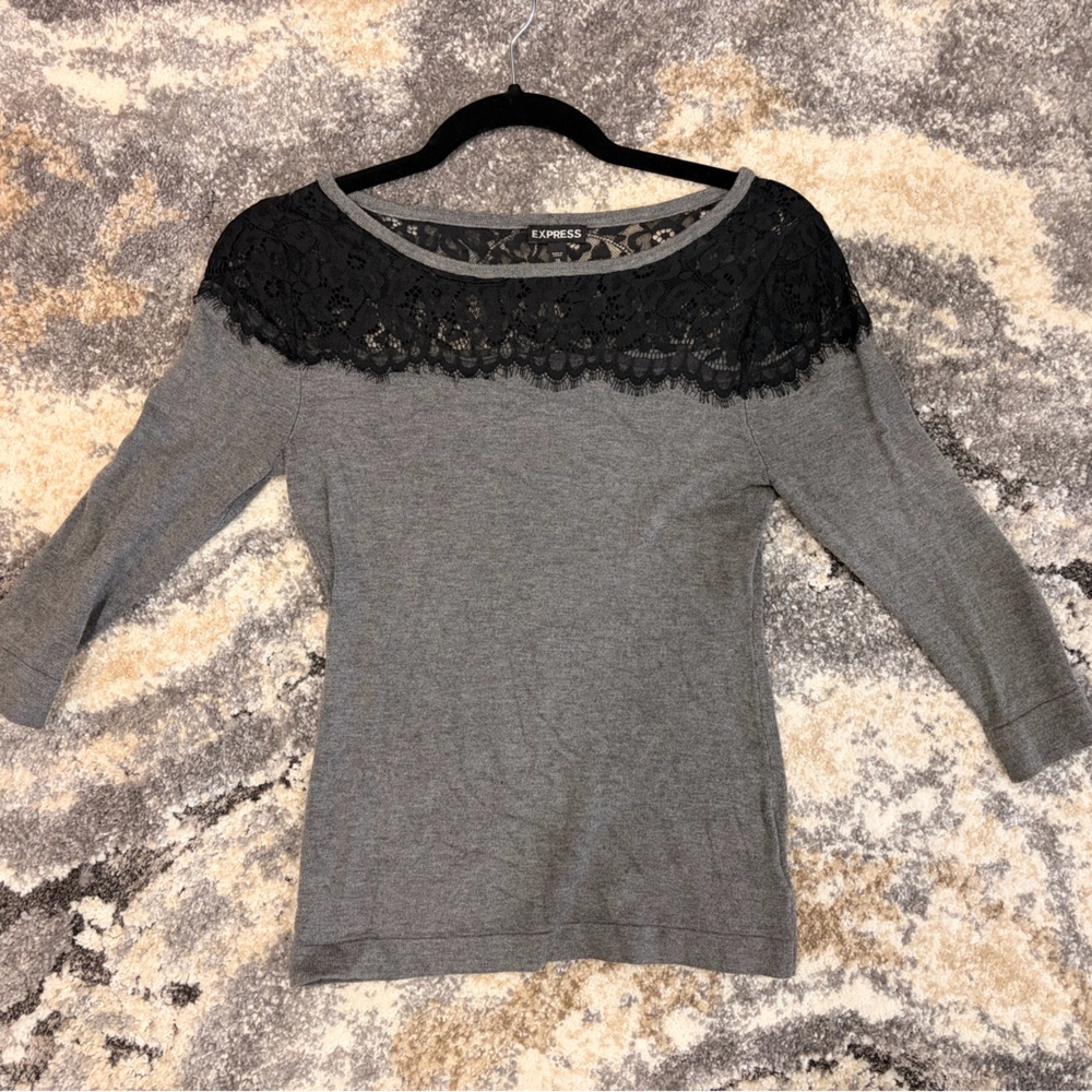 Express Gray Top with Black Lace Detail